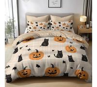 Cream Duvet Cover Reversible Halloween Pumpkin Cute Ghost, Brushed Microfiber, Hypoallergenic, Zipper Closure, Bedding, Cot-bed