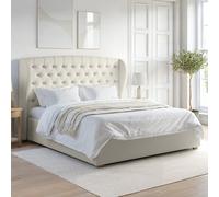 Cream Fabric Super King Ottoman Bed with Winged Chesterfield Headboard - Safina
