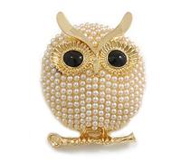 Cream Faux Pearl Owl Brooch in Gold Tone - 35mm Tall