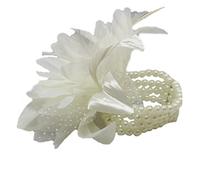 Cream Feather and Flower wrist corsage on a Pearl Bead wristband