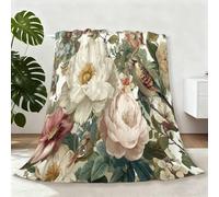 Cream Flannel Throw Blanket, Soft Warm Vintage Plants Vines Roses Flowers Blankets Bed for Kids Men Women - 127 x 152 cm (50" x 60") Throw for Bedroom Living Room Couch Sofa Bed Home Decorations