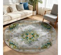 Cream Floral Round Rug 100 cm, White Vintage Botanical Washable Carpet | Cozy Non-Slip Low Pile Circle Area Rug, French Country Style Washable Floor Mat for Living Room Bedroom Dining Room Lounge