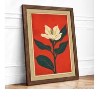 Cream Flower on Red Botanical Framed Wall Art Print A2 (59.4×42cm) Walnut, Wall Decor for Living Room, Bedroom, Office & Home, Ready to Hang, Art Gift