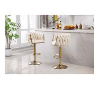 (Cream/Gold) Set of 2 x Velvet Woven Upholstered Adjustable High Swivel Breakfast Bar Pub Home Stool Chair With Gold Metal base & Gas Lift