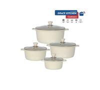 (Cream) GRACE Die Cast Marble Stockpot Set -Aluminium Non Stick Coating Cooking -Induction Stock with Tempered Glass Lid with Steam Vent Cookware