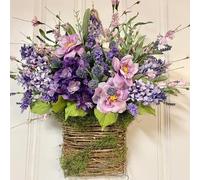 Cream Hydrangea Door Hanger Basket Wreath, Farmhouse Wreath With Wildflowers,artificial Spring Summer Garland For Holiday Ornament