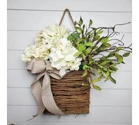 Cream Hydrangea Door Hanger Basket Wreath, Farmhouse Wreath With Wildflowers, Artificial Spring Summer Garland For Front Door