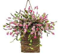 Cream Hydrangea Door Hanger Basket Wreath, Spring Summer Wildflower Front Door Wreath, Farmhouse Porch Decor, Artificial Hanging Basket for Home Wall (D)