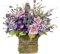 Cream Hydrangea Door Hanger Basket Wreath, Spring Summer Wildflower Front Door Wreath, Farmhouse Porch Decor, Artificial Hanging Basket for Home Wall (C)