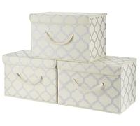 Cream/Metallic Fabric Storage Boxes with lids, Stackable and Foldable. For wardrobes, shelves, clothes, bedroom, office, cupboard, keepsake box, crafts, toys, shoes, socks. Rope Handle 3pk 37x25x25cm