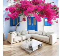Cream Panoramic Custom Wallpaper Mural, Non-Woven Premium Realistic Pink Flowers House Print Wallpaper Mural Poster Decoration 98 x 69 inch (W x H) for Bedroom Living Room Corridor