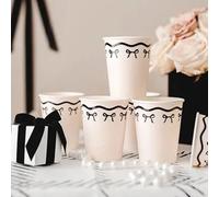 Cream Paper Cups with Black Bows - Pack of 6 Elegant Party Cups for Weddings, Birthdays & Celebrations