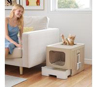 (Cream) PawHut Foldable Cat Litter Box with Lid, Slide-Out Drawer