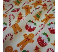 Cream Polycotton Fabric with Gingerbread Men & Christmas Puddings (Per Metre)