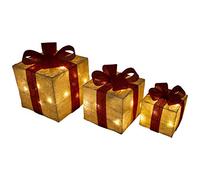 SHATCHI Light Up Christmas Parcels Pre-Lit Battery Operated LED Glitter Sisal/Rattan Xmas Presents Holiday Home Novelty Decorations Set of 3 - Gold/Red/Cream/Tartan, 25cm/20cm/15cm