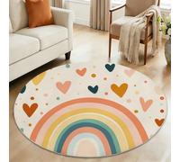 Cream Round Children's Rug, 100 cm Soft Scandinavian Scandi Minimalist Rainbow Geometric Carpet - Machine Washable Non-Slip Floor Circle Mats for Nursery Living Room