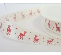 Cream Satin Christmas Ribbon with Red Printed Reindeer and Snowflakes 15mmx20m