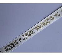 Cream Satin Ribbon with Gold 'Happy Anniversary' Print 25mm x 1 Metre Length