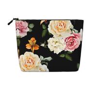 Cream Shabby Rose Flower Patterned Women's Cosmetic Bag, Single Layer Toiletry Bag, Suitable for Daily Storage, Travel, and Business Trips.
