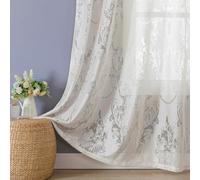 Cream Sheer Curtains, Jacquard Floral Privacy Voile Curtains, 96'' Drop | Vintage Damask Eyelet Net Curtains, Semi Sheer Light Filtering Drapes for Living Room & Bedroom, French Shabby Chic Elegance