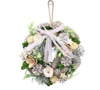 (Cream, Silver & Green) 34cm Christmas Pinecone Wreath w/ Jute Hanger Decoration