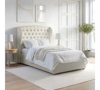 Cream Small Double Ottoman Bed with Winged Chesterfield Headboard - Safina