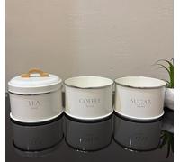 Cream Stacking Tea Coffee Sugar Canister Set of 3, Metal Kitchen Storage Jars with Bamboo Lid, Airtight Countertop Containers