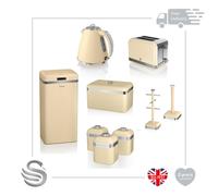 (Cream) Swan Retro 9pce Kitchen Set- 45L Electric Bin, 1.5L Cordless Kettle, 2 Slice Toaster Crumb Tray, Bread Bin, Mug Tree, Towel Pole & 3 Storage Canisters