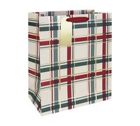 Cream Tartan Large Christmas Bag 33cm - Festive Paper Present Bag with Ribbon Handles & Gold Name Tag