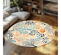Cream & Teal Abstract Botanical Dots Round Washable Area Rug Vintage Porch Rugs Indoor Floor Cover Print Distressed Multi Circle Chenille Accent Rug Kitchen Living Room Bedroom Dining Room 60cm