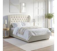 Cream Upholstered Double Ottoman Bed with Winged Chesterfield Headboard - Safina