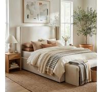 Cream Upholstered Double Ottoman Bed with Winged Headboard - Loxley