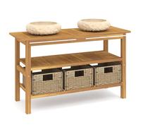 (cream) vidaXL Bathroom Vanity Cabinet with Marble Sinks Storage Shelf Solid Wood Teak