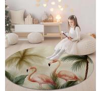 Cream Washable Round Rug Area Rug for Living Room - Animals Flamingos Plants Print Large Rug with Upgrade Anti-slip PVC Material for Bedroom Classic Round Carpet Non Shedding, 150 cm
