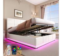 Cream White 4ft6 Double Ottoman Bed Frame with RGB LED Lighting, Faux Leather Upholstery & Hydraulic Storage Matteo Cream Double