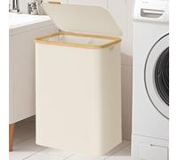 SONGMICS Laundry Basket with Lid, 2-Section Large Laundry Hamper, 130L, Removable Mesh Liner, Oxford Fabric, Bamboo Handles, Collapsible, 52 x 38.5 x 70.5 cm, Cream White LCB513W01
