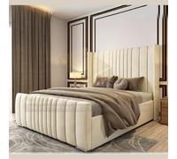 (Cream(without Mattress), 4FT6" Double(with Gaslift)) Plush Velvet Wing Back Bed Frame Optional Ottoman Storage & 10" Orthopedic Mattress