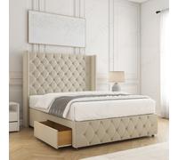 (Cream (without Mattress), 5ft King) Ruby Divan Double Bed Frame with Mattress Included Plush 54inch Wingback Chesterfield Headboard 2 Storage Drawers Footend Side