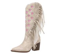 Cream Women's Fringe Mid Wide Calf Cowgirl Cowboy Boots Pointed Toe Pull on Mid Block Chunky Heel Tassel Western Boot Knee High Boot for Theme Party Country Concert Footwear UK 6