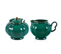 Creamer Pitcher and Sugar Bowl Set, Small Ceramic Cream Container with Handle & Sugar Pot with Lid and Spoon, Food-Safe and Lead-Free, Green