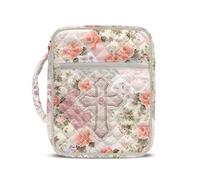 CREAMIC Quilted Bible Cover Zippered Bible Case Protector with Handle Christian Gifts for Women & Men, Pink Cross Floral-a