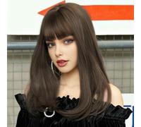 Creamily Dark Brown Wig with Bangs for Women Long Straight Layered Wigs Synthetic Hair Natural Wig for Women Girls Party Cosplay and Daily Use 20 Inches