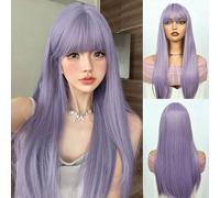 Creamily Long Purple Wig with Bangs, Long Straight Wigs for Women Natural Looking Synthetic Hair Wigs for Girls Daily Party Halloween Costumes Cosplay Wig 22 Inches Purple