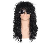 Creamily Men’s 80s Style Long Black Curly Hair Wig Glam Rock-Rocker Wig Perfect for Halloween, Cosplay, DIY Themed Costume Party