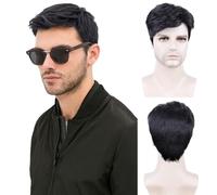 Creamily Mens Black Wig Short Layered Natural Wavy Heat Resistant Synthetic Hair Wigs Male Guy Daily Party Halloween Costume Cosplay Short Mens Black Wigs