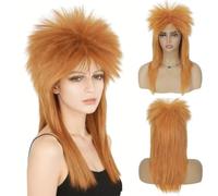 Creamily Orange Mullet Wig for Women Straight 70s 80s Rocker Shoulder Length Straight Natural Layered Hair Cosplay Synthetic Women Wigs Mullet Cher Glam Rock-Rocker Cosplay Wigs for Women