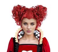 Creamily Red Queen Wig with Crown Costume Girls Women Two Buns Heat Resistant Synthetic Hair fShort Curly Halloween Anime Cosplay Party Wigs with Cap (Red/Queen)