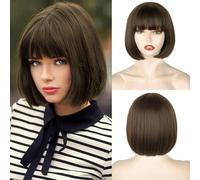 Creamily Short Bob Brown Wig with Bangs, Colorful Wig for Halloween Daily Cosplay & Party Use, Natural Hair Straight Synthetic Cosplay Party Wigs for Women 10 Inches
