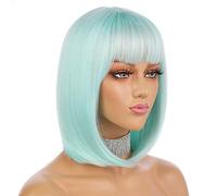 Creamily Short Bob Mint Green Wig with Bangs, Colorful Wig for Halloween Daily Cosplay & Party Use, Natural Hair Straight Synthetic Cosplay Party Wigs for Women 10 Inches