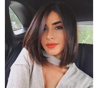 Creamily Short Bob Straight Wig for Women Loose Curly Shoulder Length Synthetic Cosplay Wig Bob for Girl Dark Brown 14 Inches Costume Wigs